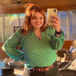 A new day teal jacquard ruffle blouse